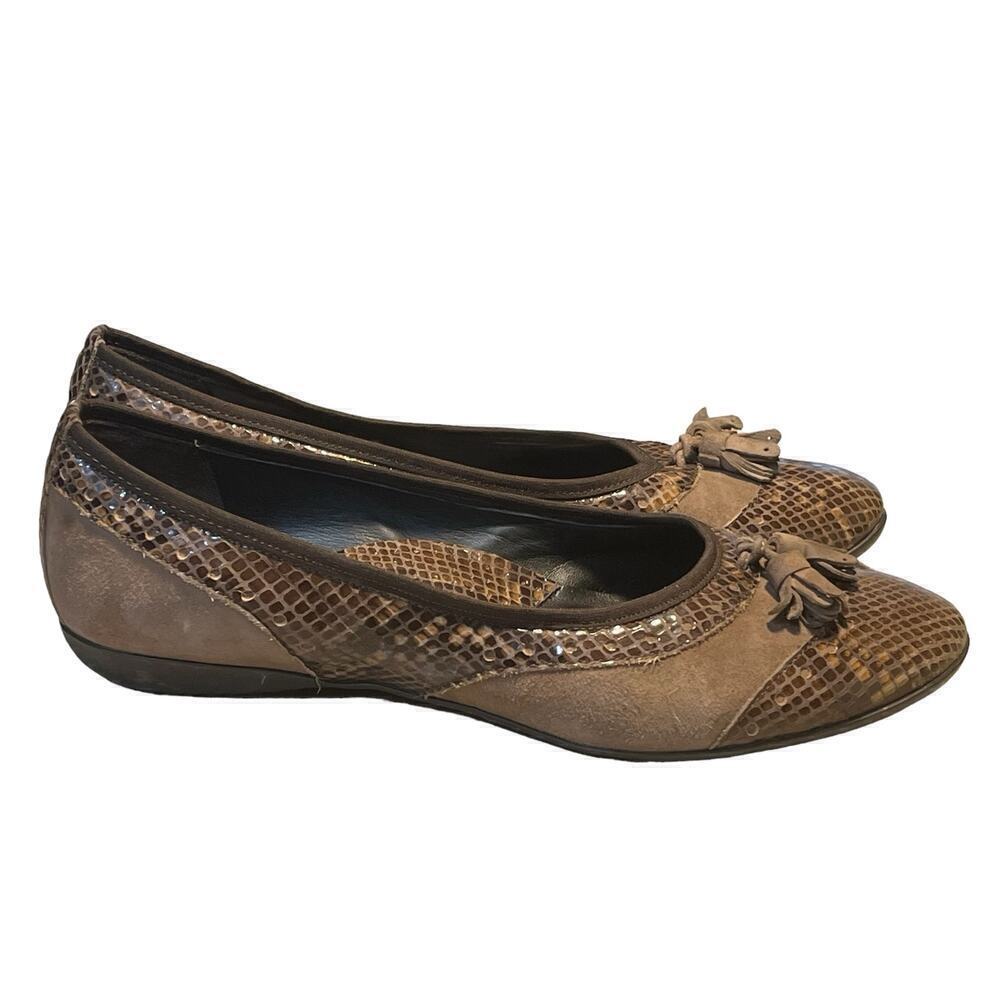 Sesto Meucci Women's Brown Leather Tassel Snake Print Ballet Flat Shoes Size 8.5